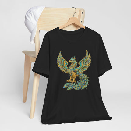 Homa Bird phoenix design on black tee, featuring ornate Persian mythology art.