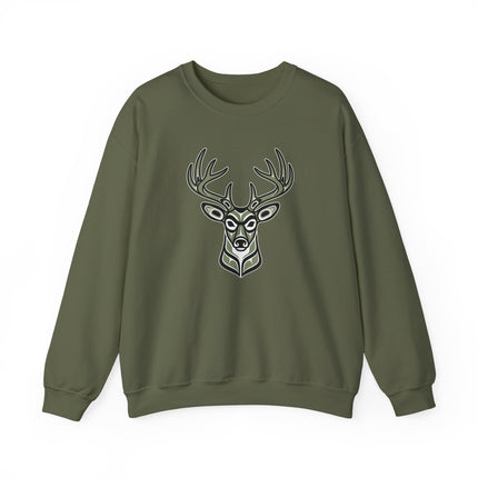 Indigenous deer head tribal art sweatshirt in red and black graphic print.