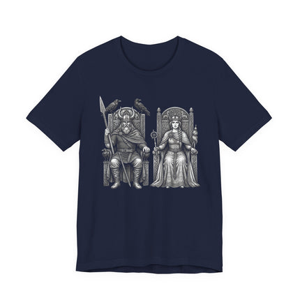 Odin and Frigg Norse gods graphic art, depicting Viking mythology and divine power.