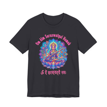 Saraswati Goddess mandala t-shirt featuring Om Aim Saraswatyai Namah Hindu mantra art.