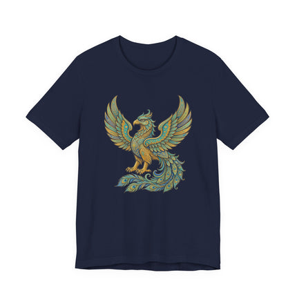 Homa Bird golden phoenix design tee, featuring Persian mythological art and oriental symbolism.
