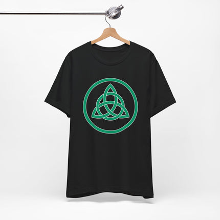 Green Triquetra knot symbol on a black Celtic graphic t-shirt.