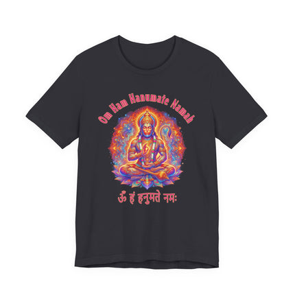 Vibrant Lord Hanuman graphic on a black t-shirt with Om Ham Hanumate Namah mantra.