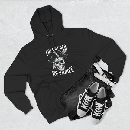 Black hoodie with pirate skull graphic and "Lost At Sea By Choice" nautical design.