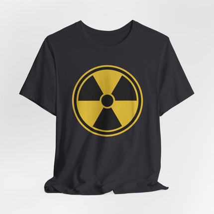 Yellow radiation symbol graphic on a black t-shirt.