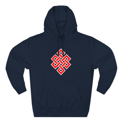 Red Endless Knot symbol graphic on a navy blue spiritual hoodie.