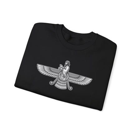 Faravahar winged Zoroastrian symbol graphic printed on a unisex Persian pullover sweatshirt.