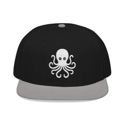 Black snapback cap with white embroidered octopus design.
