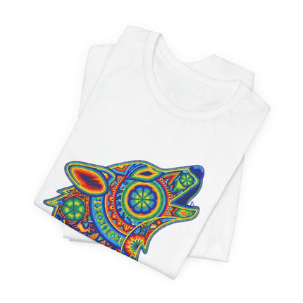 Vibrant geometric wolf graphic tee featuring tribal, colorful Huichol-inspired art.