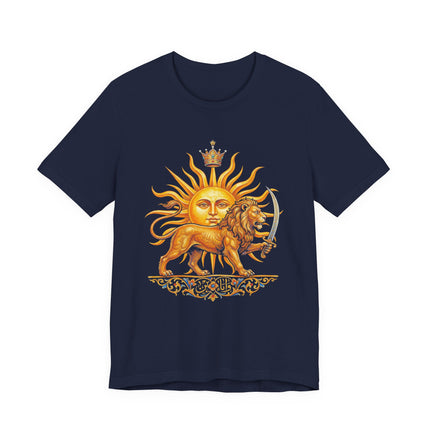 Persian Lion and Sun (Shir-o-Khorshid) emblem graphic on a navy blue heritage t-shirt.