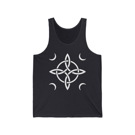 Black tank top featuring a Celtic knot and crescent moons celestial symbol.
