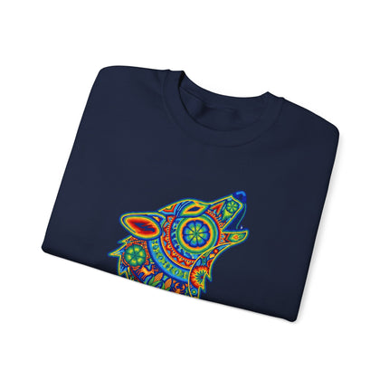 Tribal rainbow huichol wolf howling sweatshirt featuring geometric and colorful art patterns.