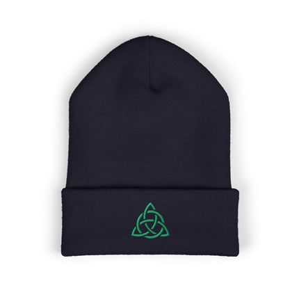 Triquetra Cuffed Beanie | Embroidered Green Celtic Knot and Circle