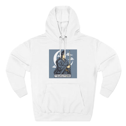 Tsukuyomi Japanese Moon God samurai graphic with katana and crescent moon motif.