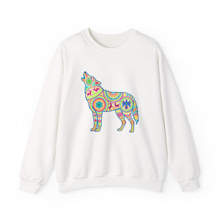 Colorful Huichol style wolf graphic sweatshirt with vibrant Mexican folk art patterns.