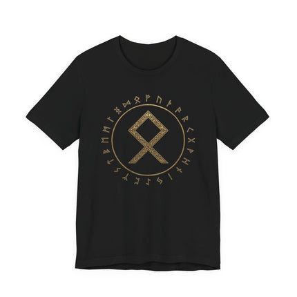 Black tee with gold Norse runes and Othala symbol circle design.