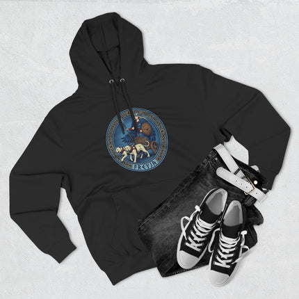 Freyja Norse Goddess chariot art with dogs on a circular emblem hoodie design.