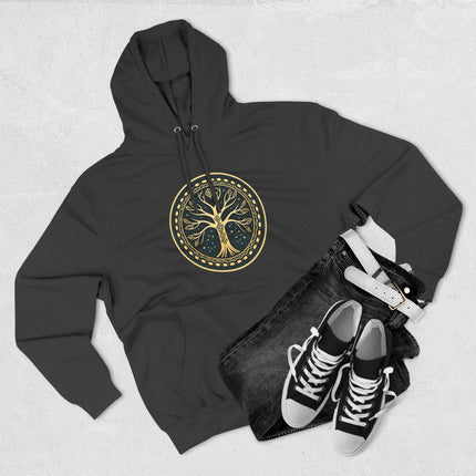 Yggdrasil World Tree graphic on black hoodie, featuring Norse mythology and cosmic gold art.