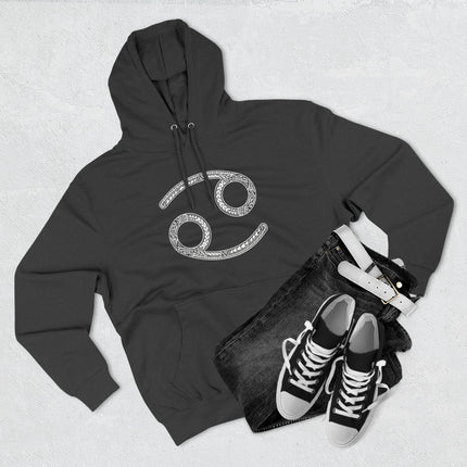 Intricate Cancer zodiac sign hoodie. Ornate astrology symbol on black unisex apparel.