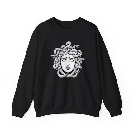 Unisex pullover featuring a distressed Medusa head and serpent hair graphic from Greek mythology.