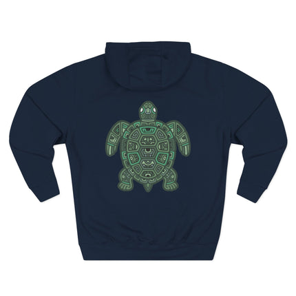 Tribal geometric sea turtle design printed on a dark blue pullover hoodie.