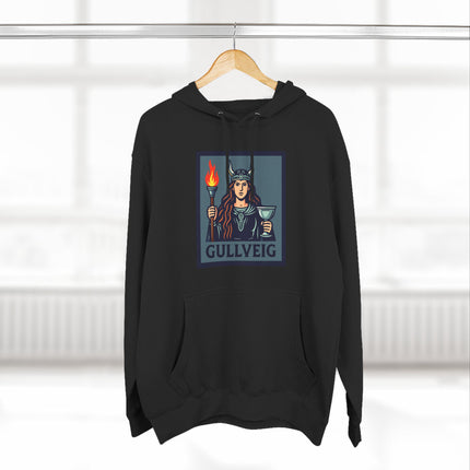 Gullveig Norse goddess graphic on a black hoodie, featuring a torch and chalice. Viking mythology art.