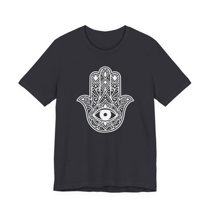 Hamsa hand and Evil Eye protection symbol graphic on a black t-shirt.