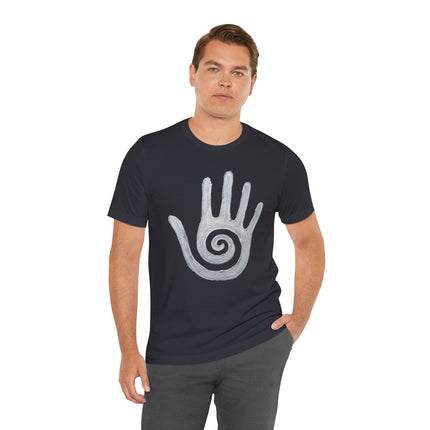 Hopi healing hand t-shirt featuring a white spiral Native American symbol design.