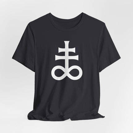 Occult Leviathan Cross and infinity symbol graphic on a black t-shirt.