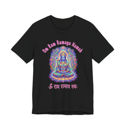 Psychedelic Lord Rama mandala t-shirt featuring the Om Ram Ramaya Namah Hindu mantra.