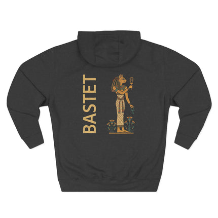Bastet Egyptian Goddess graphic and name on a dark pullover hoodie.