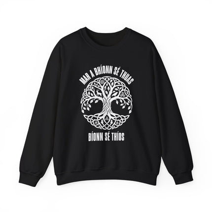 Celtic Tree of Life knot sweatshirt with Irish Gaelic text, symbolizing spiritual connection.