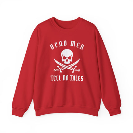 Dead Men Tell No Tales pirate skull and crossed swords graphic print on a unisex sweatshirt.