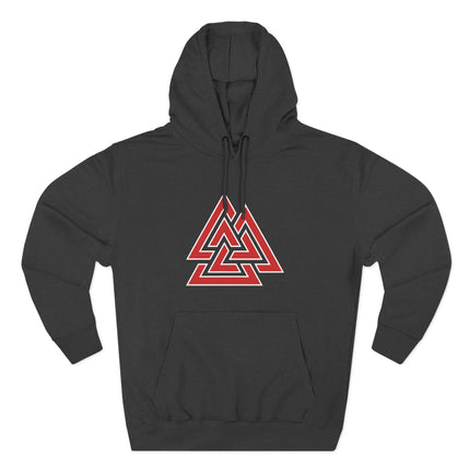 Viking Valknut symbol graphic on a black hoodie. Norse mythology apparel for men and women.