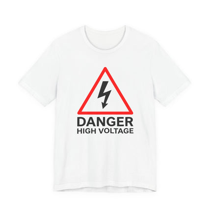 Danger high voltage warning t-shirt featuring a red lightning bolt symbol.