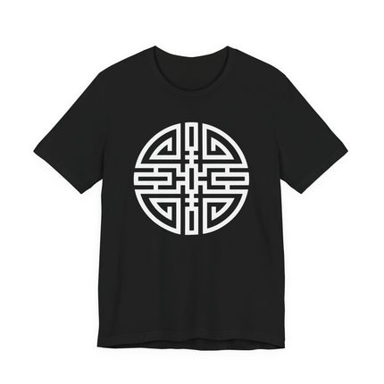 Black t-shirt featuring the white Chinese Cai symbol, representing wealth and good fortune.
