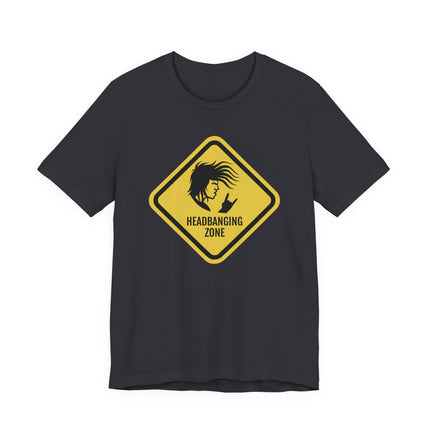 Black t-shirt with yellow "Headbanging Zone" warning sign graphic for rock and metal fans.