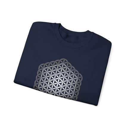 Sacred Geometry Flower of Life graphic pattern on a spiritual pullover sweatshirt.