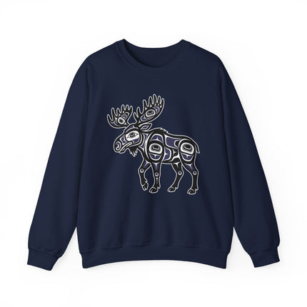 Northwest Coast art moose graphic on a navy pullover sweatshirt.