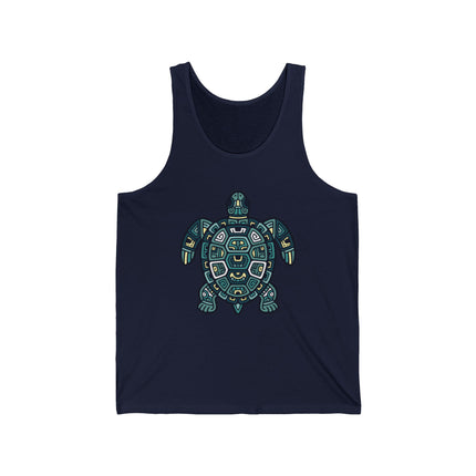 Mayan tribal geometric sea turtle graphic design on a dark tank top.