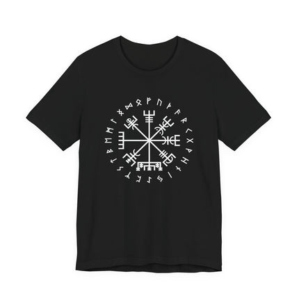 Black t-shirt featuring a white Vegvisir rune compass and Norse runic circle graphic design.