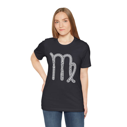 Virgo zodiac symbol tribal print on a black unisex t-shirt.