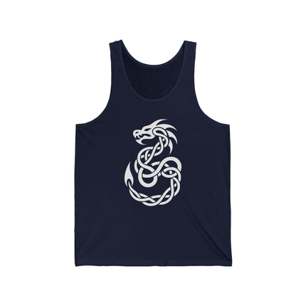 Celtic knotwork dragon design printed on a dark blue unisex tank top.
