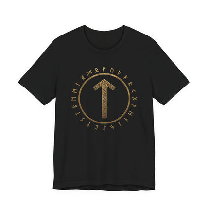 Norse Tiwaz rune t-shirt featuring the Elder Futhark circle design.