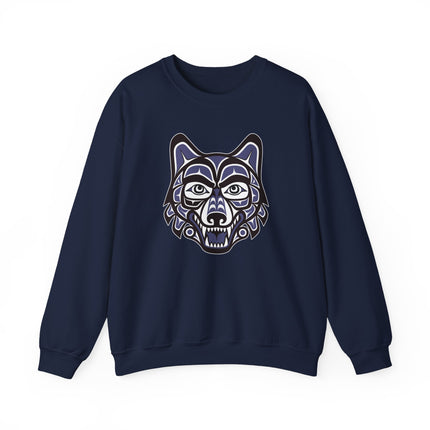 Pacific Northwest wolf spirit pullover featuring indigenous animal artwork.