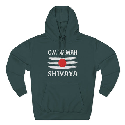 Om Namah Shivaya mantra and Tripundra symbol on a dark devotional hoodie.