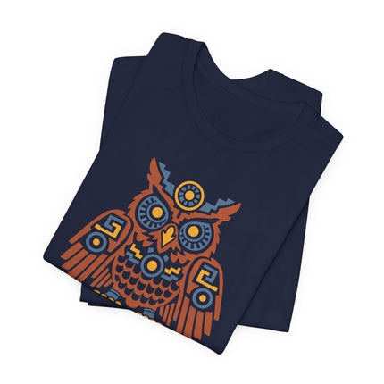Aztec Owl T-Shirt | Rust and Gold Symmetrical Bird Illustration Tee
