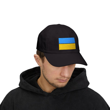 Black baseball cap featuring embroidered Ukrainian flag for support and pride.