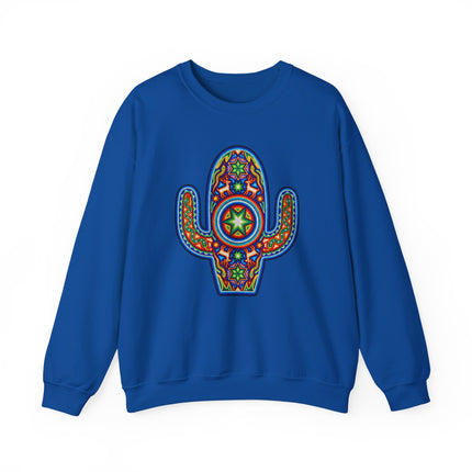 Vibrant Mexican Huichol art cactus graphic on a blue pullover sweatshirt.