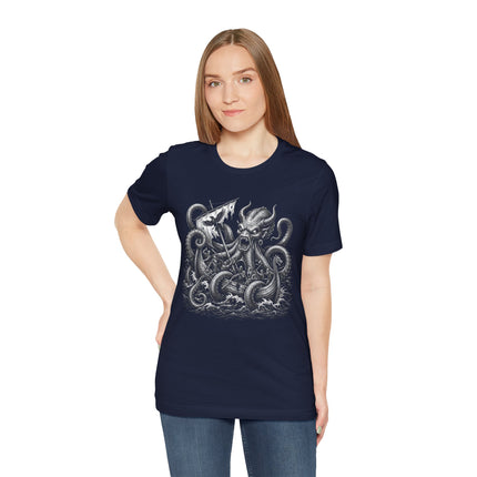 Kraken sea monster illustration on a navy t-shirt, inspired by Norse mythology and Viking lore.